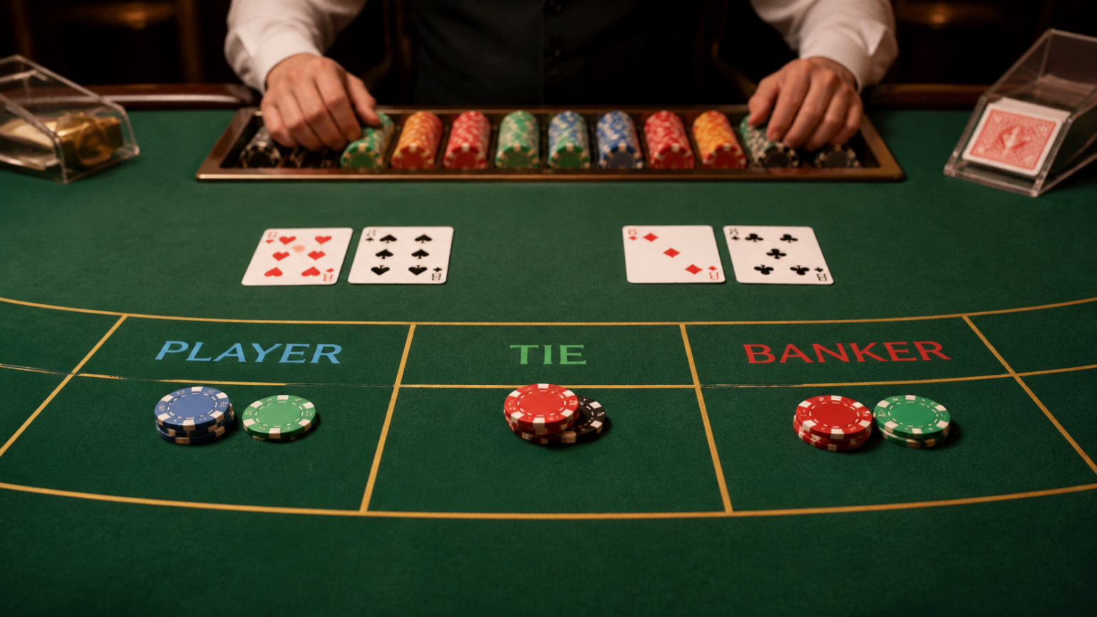 Bàn baccarat với bài, phỉnh và các khu vực cược Người chơi, Nhà cái, Hòa