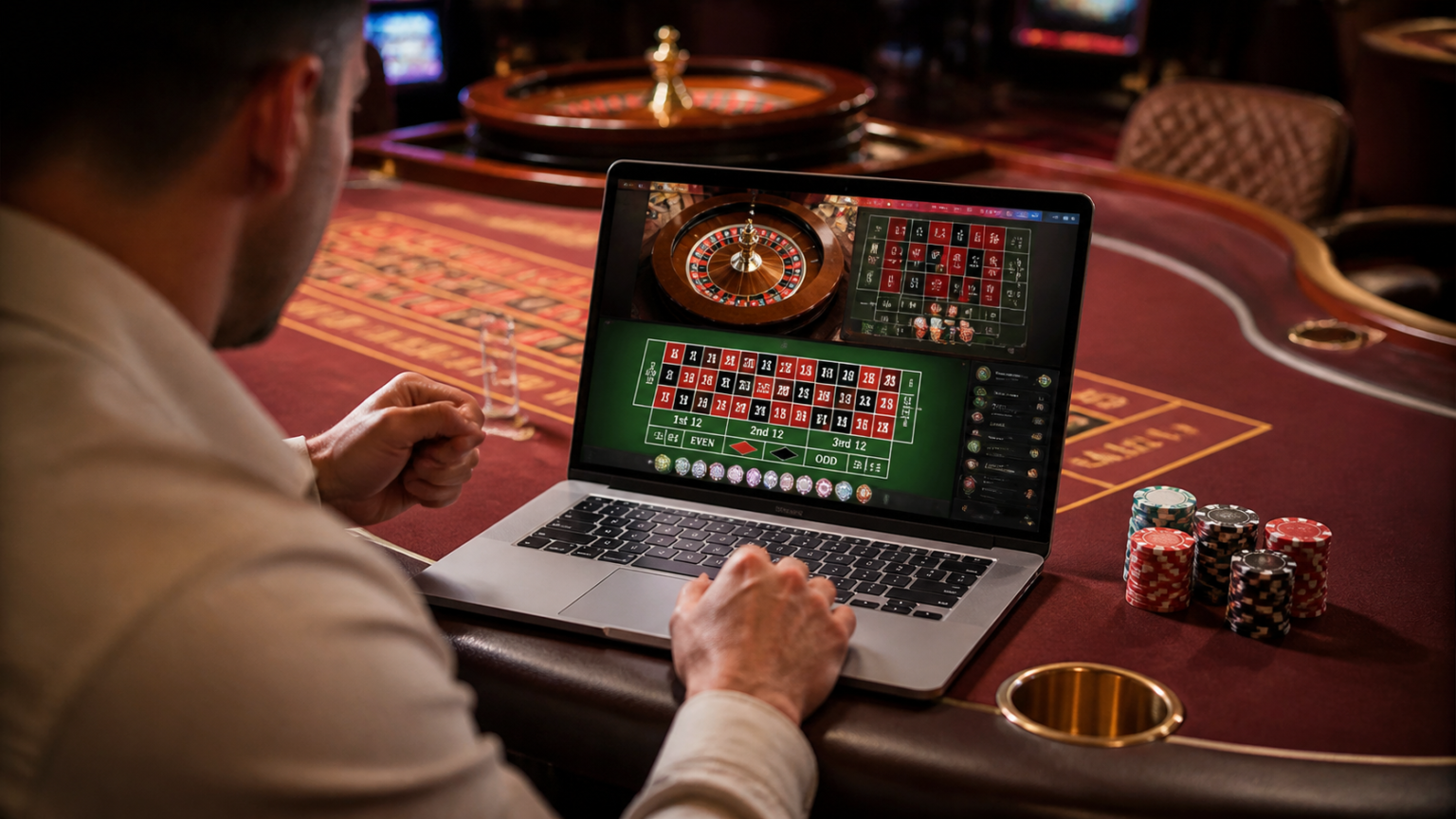 Laptop displaying an online casino betting interface beside a casino table