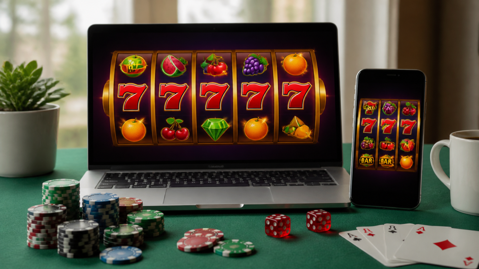 Schermo con casino online e slot su laptop e smartphone