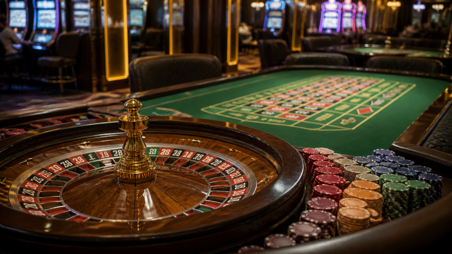 casino trực tuyến: Cách tiếp cận có trách nhiệm Bàn roulette và các chip chơi trong không gian casino