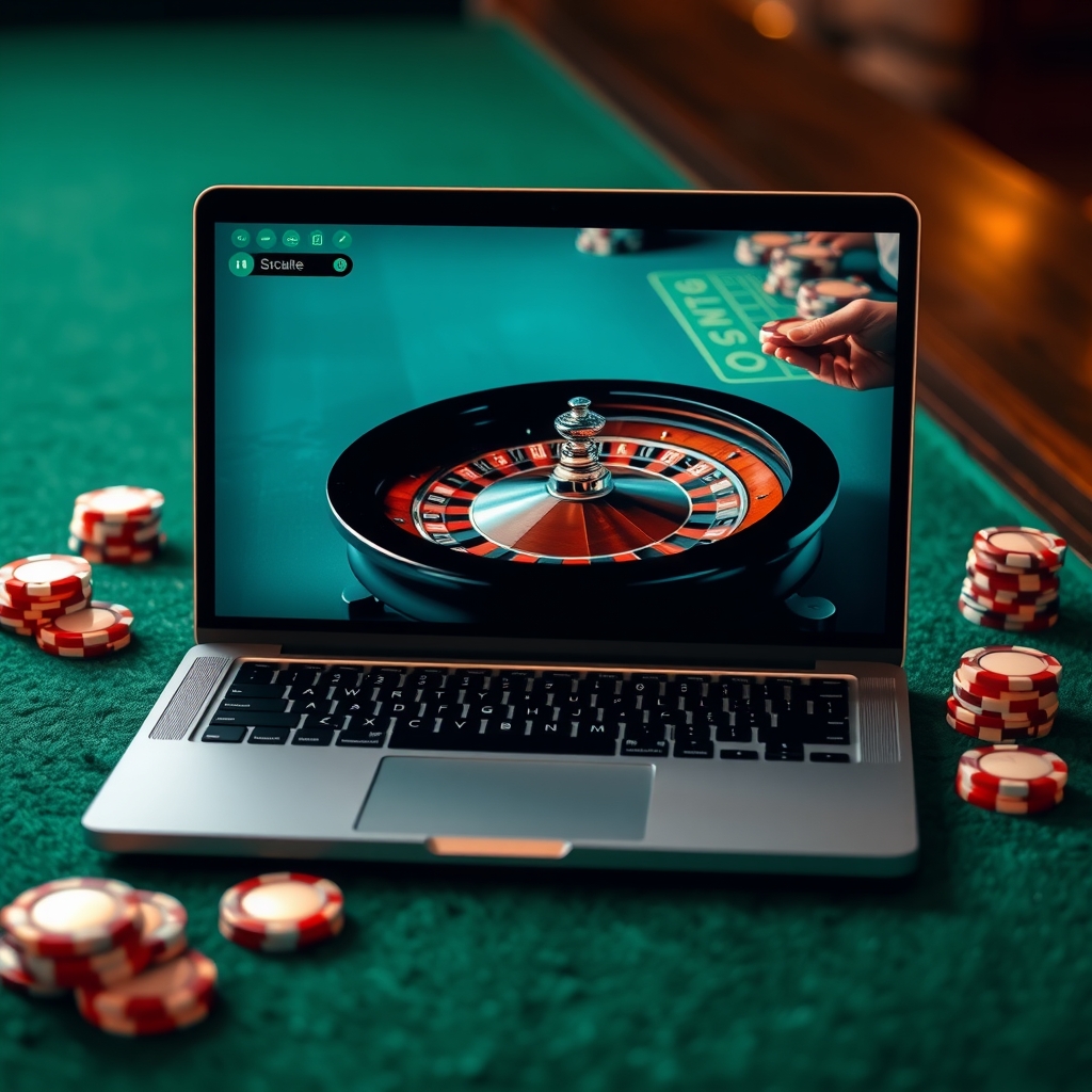 ブックメーカー サッカーの基本ルールと楽しみ方 Laptop displaying online casino roulette beside casino chips on a green felt table