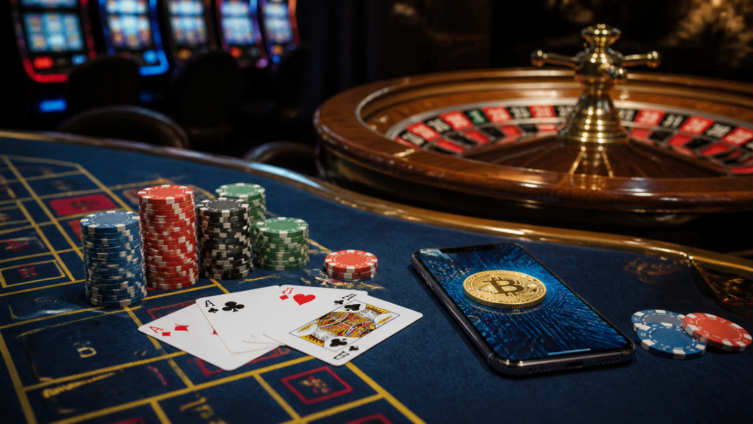 Casino table with cards, roulette wheel, and a phone showing crypto payment