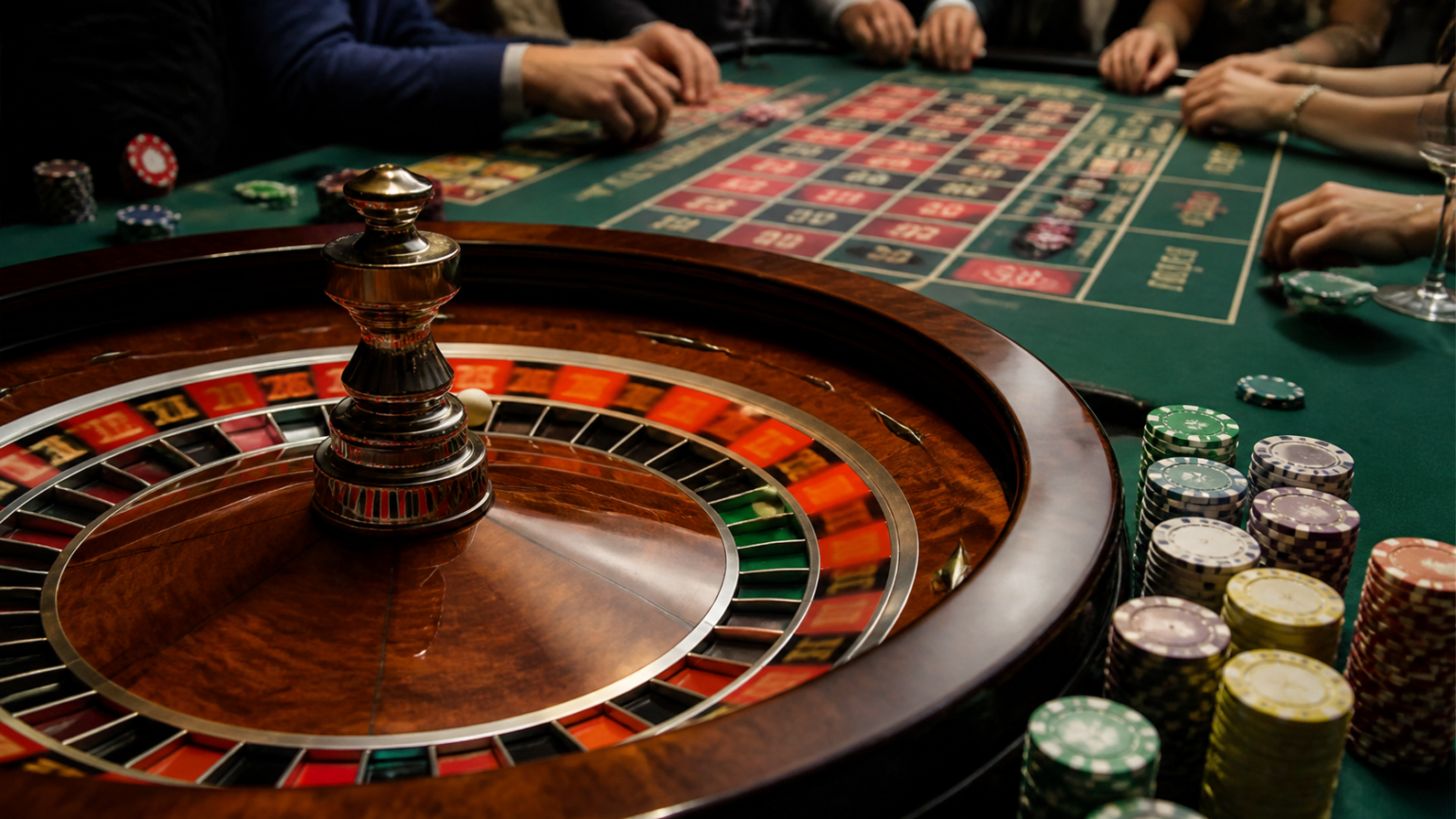 Bàn roulette casino với bánh xe và phỉnh trên mặt bàn xanh