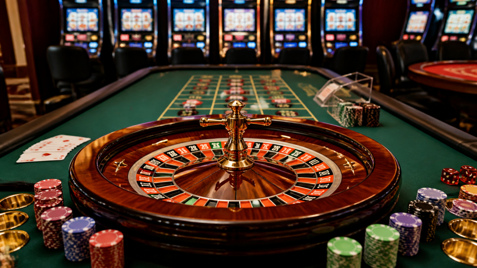โป๊กเกอร์ออนไลน์: เช็กลิสต์ประเมินความน่าเชื่อถือก่อนสมัครสมาชิก Casino gaming setup with slots, cards, and a roulette wheel