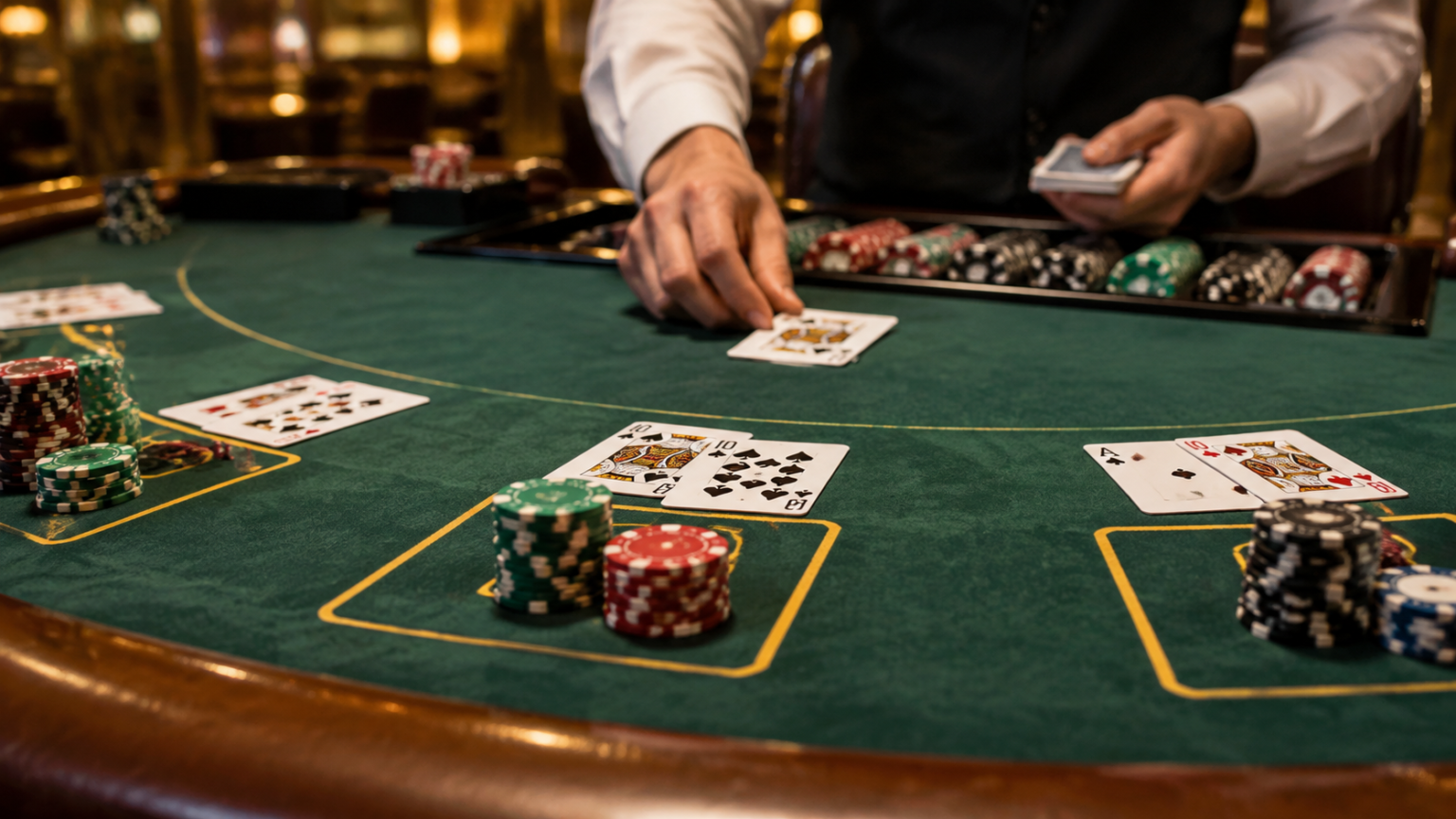 Navigating Online Casino Singapore Trends and Options Close-up view of a green felt casino table with stacks of chips and playing cards
