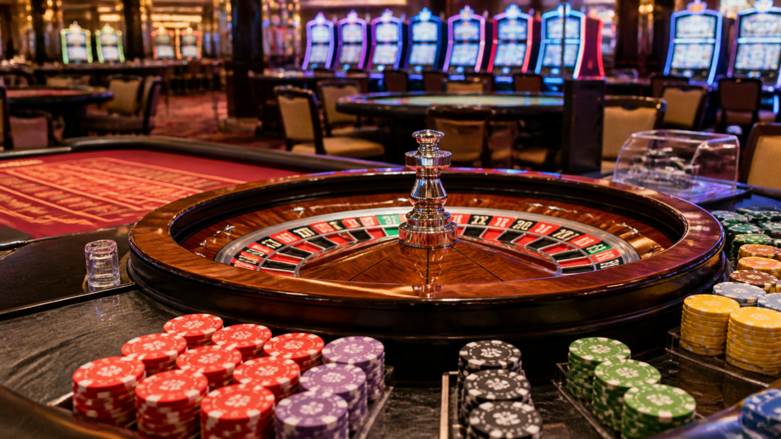Casino roulette table with chips and slot machines
