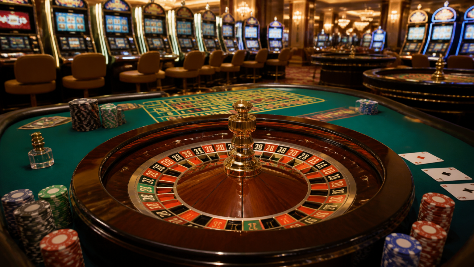 ブックメーカーの選び方|信頼性・サポート・支払い方法とSlots Casinosを確認 Casino gaming setup with cards, roulette, and slot machines