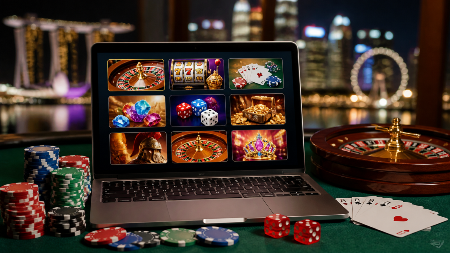 online casino Singapore: What Players Should Know Laptop screen showing online casino games and casino chips