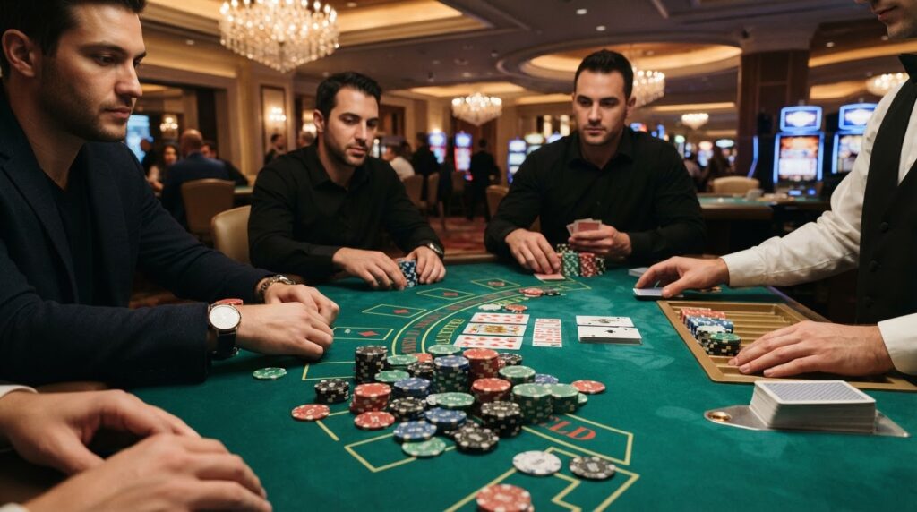 Bàn chơi bài casino sang trọng với chip cược và bài tây
